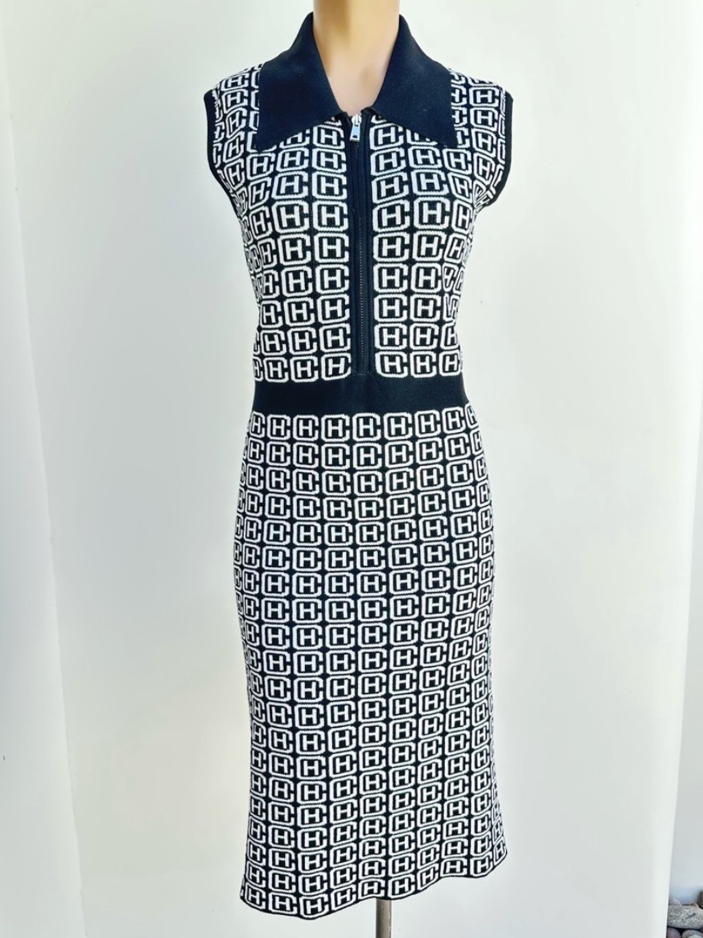 Black & White Knit Polo Sheath Dress with Graphic Print